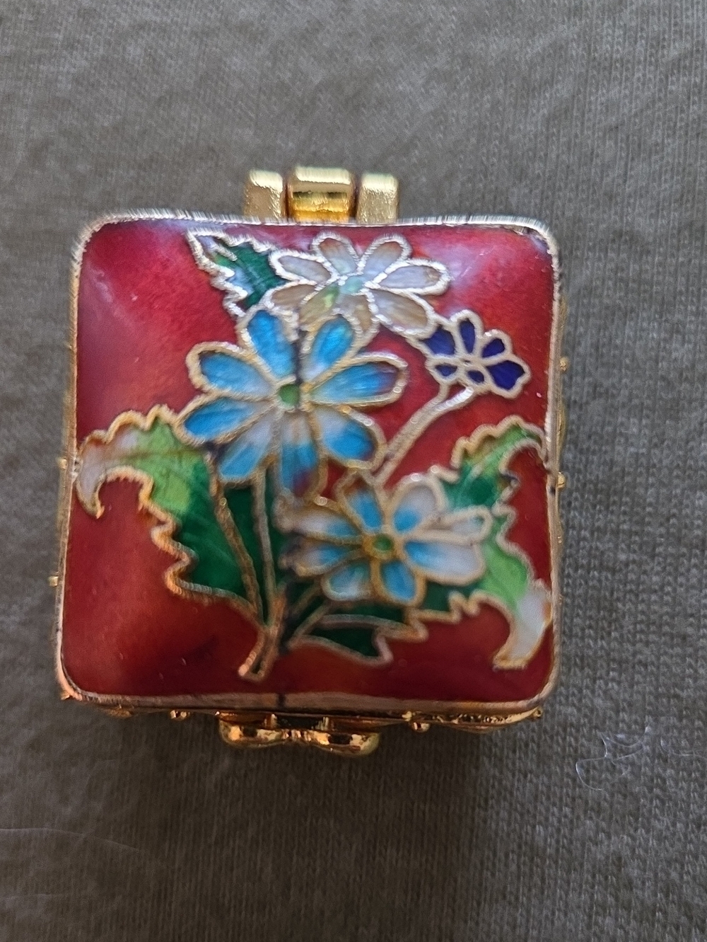 Vintage 1960 Cloisonne Red-Orange wEnamel Floral Square Trinket Box - Red & Blue
